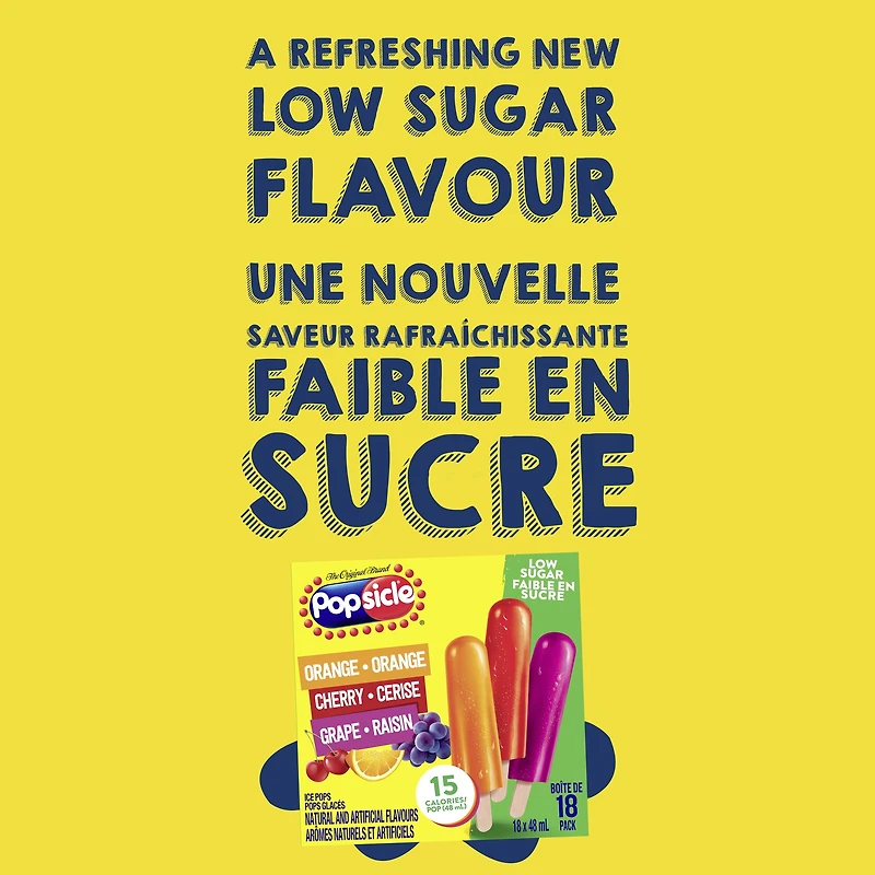 Pops glacés Popsicle Orange, Cerise et Raisin Faible en Sucre 18 x 48 mL