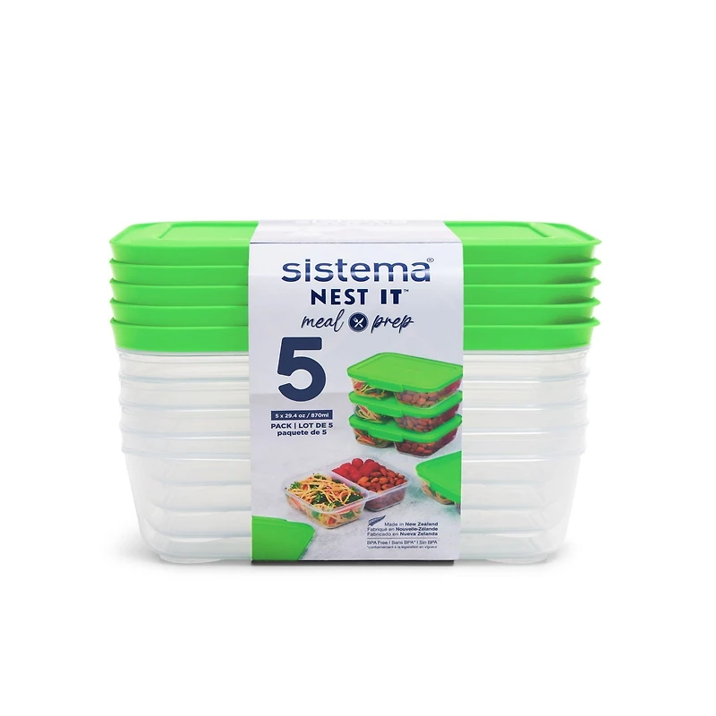Sistema Nest It Meal Prep Boîtes de conservation des aliments avec couvercles, 2 compartiments 3,7 tasses, paquet de 5, vert