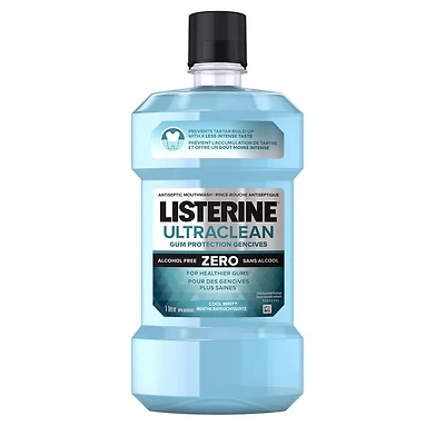 Rince-bouche Listerine Ultraclean Protection gencives Zero, Protection contre la gingivite, la plaque et le tartre, Antiseptique, antibactérien, Sans alcool, Soin buccodentaire, Menthe rafraîchissante 1l