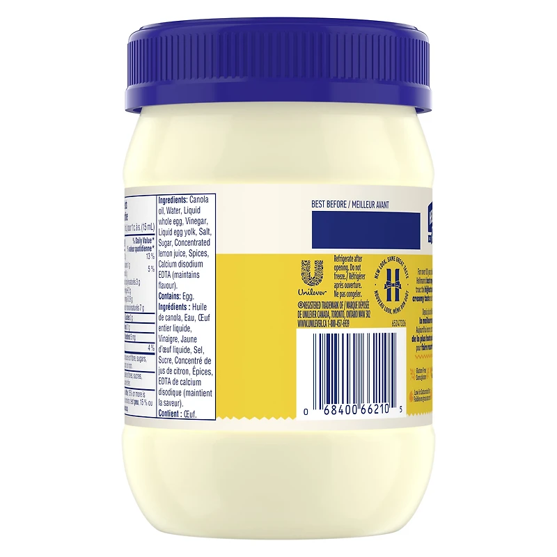Mayonnaise véritable Hellmann’s, sans gluten et casher, avec œufs de poules élevées en liberté au Canada et huile de canola, 445 ml