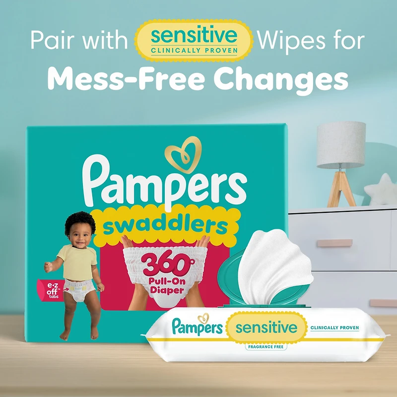 Couches Pampers Swaddlers 360°, ajustement confortable et au sec, jusqu’à 100 % sans fuites, rabats rapides, conçues pour faciliter les changements, couche à enfiler, taille 4