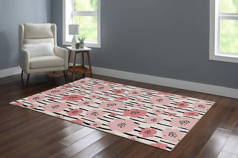 Tapis lavable Laurel 5 pi x 7 pi ivoire et rose