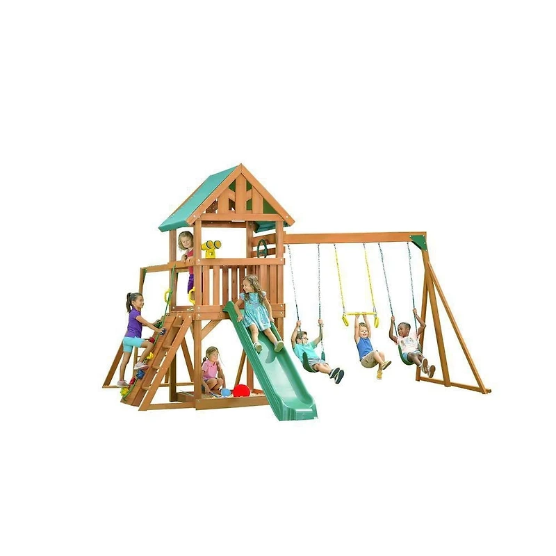 Creative Cedar Designs Mountain View Wooden Playset with Rock Wall, Slide and Swings (Multi-Colour & Green)