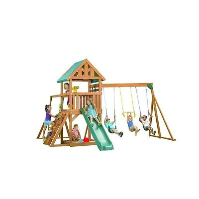 Creative Cedar Designs Mountain View Wooden Playset with Rock Wall, Slide and Swings (Multi-Colour & Green)