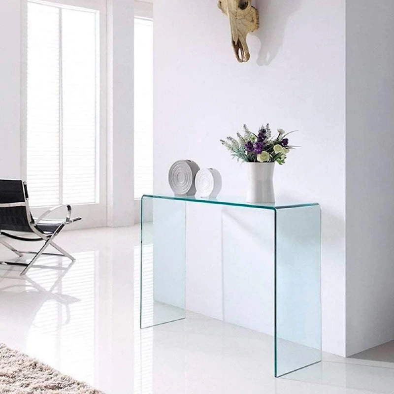 Heavenly Collection Console in Clear, Clear Glass Console, Un-tempered Glass Console, Bent Glass Console, Waterfall Console, Glass Console Table