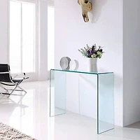 Heavenly Collection Console in Clear, Clear Glass Console, Un-tempered Glass Console, Bent Glass Console, Waterfall Console, Glass Console Table