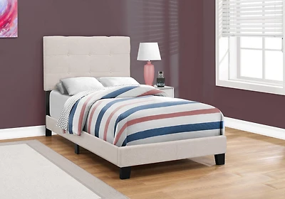 Monarch Specialties Bed, Twin Size, Platform, Teen, Frame, Upholstered, Linen Look, Wood Legs, Beige, Black, Transitional