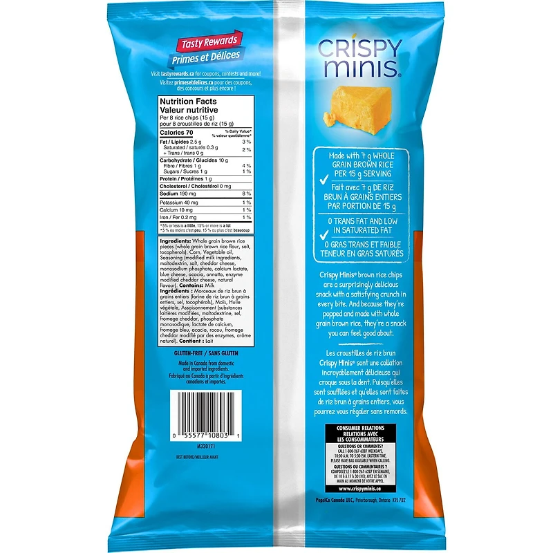 Quaker Crispy Minis Brown Rice Chips Cheddar Cheese, 100 g.
