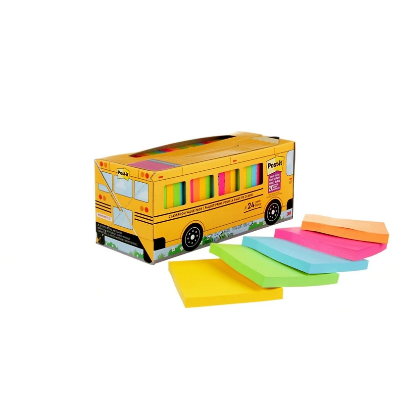 Post-it® Super Sticky Notes 654-24SSBUS, Classroom Value Pack, 24 Pads/Pack, 70 Sheets/Pad