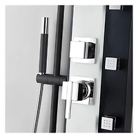 La colonne de douche MALI en acier inoxydable d'akuaplus®  avec cartouche à balancée équilibré et déviateurs 3 voies, 4 jets de corps orientable en laiton, Pommeau de 8 po et  douchette en laiton.
