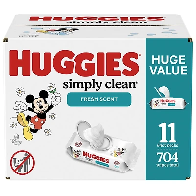 Huggies Simply Clean Fresh Scent Baby Wipes, 11 Flip-Top Packs (704 Wipes Total), 11 Packs | 704 Wipes Total