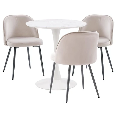 Ensemble de table à manger ronde moderne en marbre blanc CorLiving Ivo 4 pièces avec chaises rembourrées en velours pour 3 personnes - Table à manger et chaises compactes 4 pièces - Ensemble table et