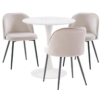 Ensemble de table à manger ronde moderne en marbre blanc CorLiving Ivo 4 pièces avec chaises rembourrées en velours pour 3 personnes - Table à manger et chaises compactes 4 pièces - Ensemble table et