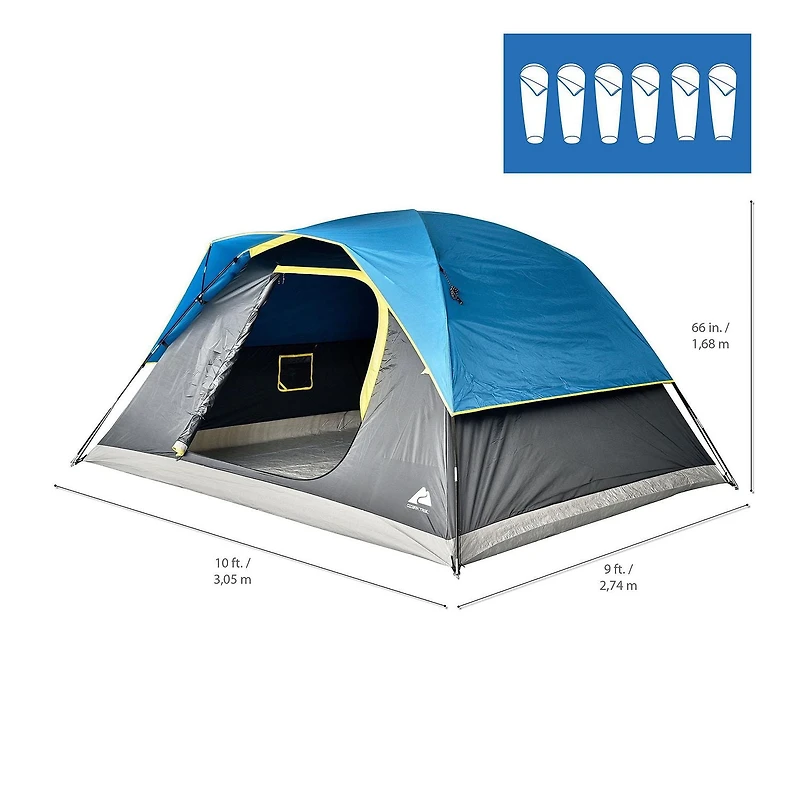Ozark Trail, Tente dôme pour 6 personnes, auvent de pluie, mâts en fibre de verre faciles à assembler. Couleur bleue, idéale pour le camping familial, 14,55 livres.