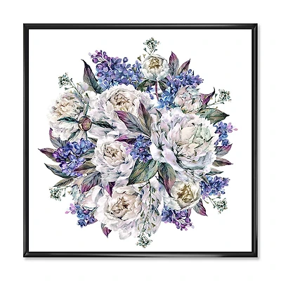 Designart Bouquet Peonies In White and Blue FLOAT FRAME WALL ART