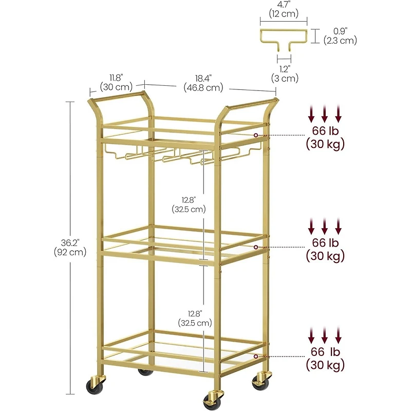 Boutique Home Tempered Glass Gold Bar Serving Cart