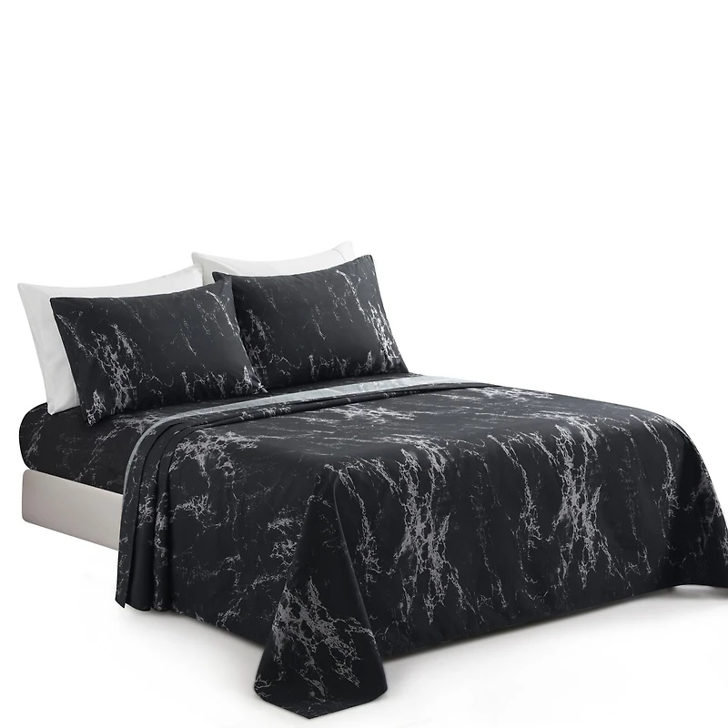 Marina Decoration Ultra Soft Silky Deep Pocket Rich Printed Bedding Rayon from Bamboo All Season Sheet Set with Pillowcases, Modern Black Marble Pattern