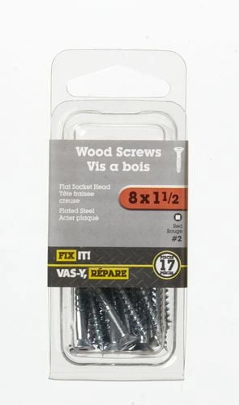 8x1-1/2" Flat Head Wood Screw 17 Pieces, Used in place of nails for superior holding power and where disassembly is required.