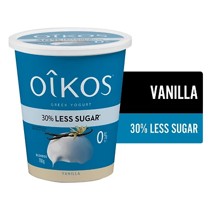 OIKOS Yogourt grec, moins de sucre, sans matières grasses, Vanille 750 g