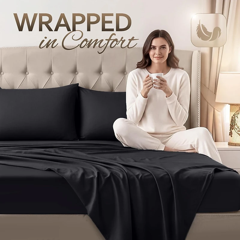Ensemble de draps Beddora pour lit King Size, noir – 4 pièces, en microfibre, ultra-doux, à poches profondes, infroissable, facile d'entretien, pour adultes