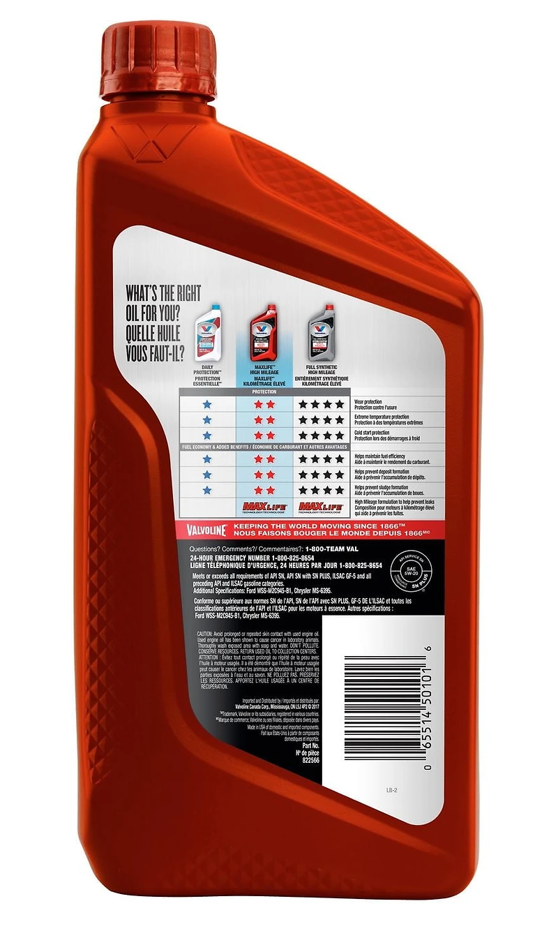 Huile à moteur kilomètrage élevé mélange synthétique 5W20 MaxLife® de Valvoline®, 946 ml