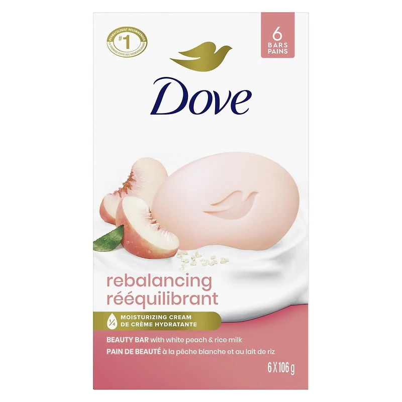 Dove Pain de Beauté Nettoyant Doux hydrate pour aider à rééquilibrer la peau Pêche et Lait de Riz avec 1/4 de crème hydratante,