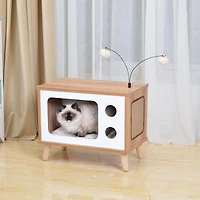 Vibrant Life Modern Laminated Wood Cat Condo with Sisal Scratching Pad, Beige, 16 Inch Vintage T.V. Style Wooden Condo with Toys & Scratcher