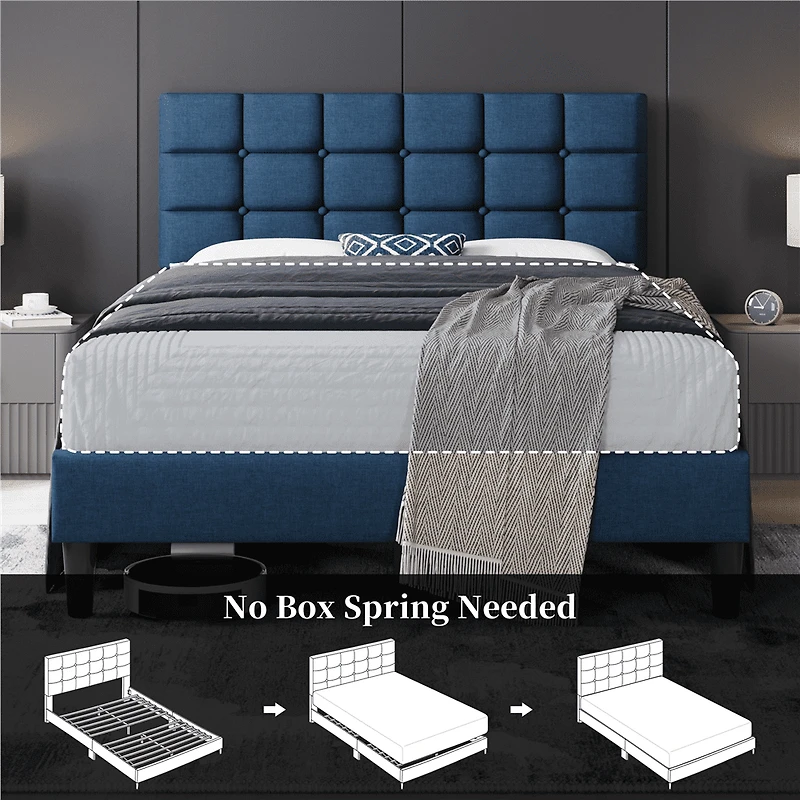 Fullfurnique Upholstered Platform Bed Frame with Square Tufted Headboard, Full, Navy Blue