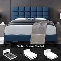 Fullfurnique Upholstered Platform Bed Frame with Square Tufted Headboard, Full, Navy Blue