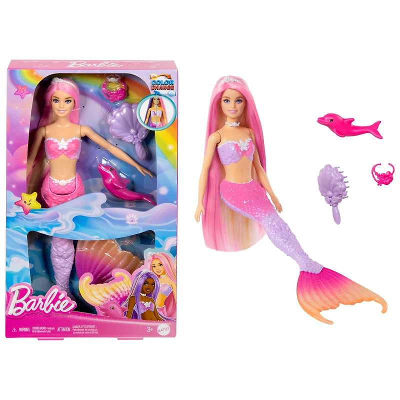 Barbie Malibu Poupée Sirène à changement de couleur, dauphin, acc.
