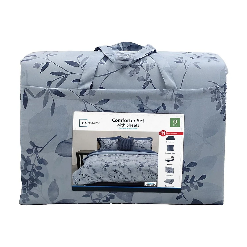 Parure de lit Mainstays Soft Touch Bed in a Bag, 11 pièces, réversible, motif floral bleu, avec draps, pour lit double Couette et draps tout-en-un, pleine grandeur