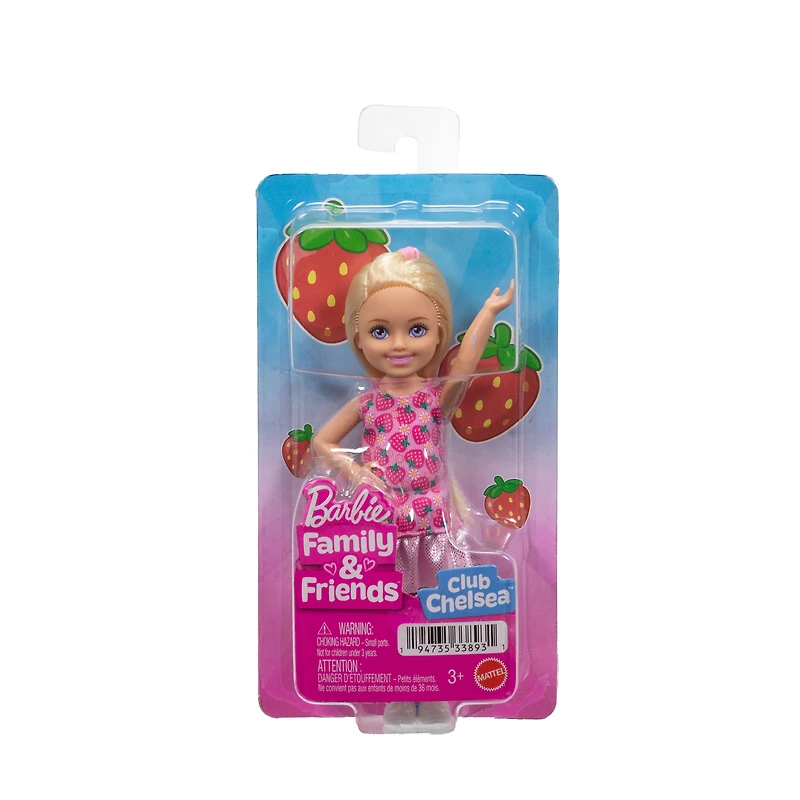 Barbie Club Chelsea Small Doll, 6-Inch with Blonde Hair in Strawberry-Print Dress & Shoes