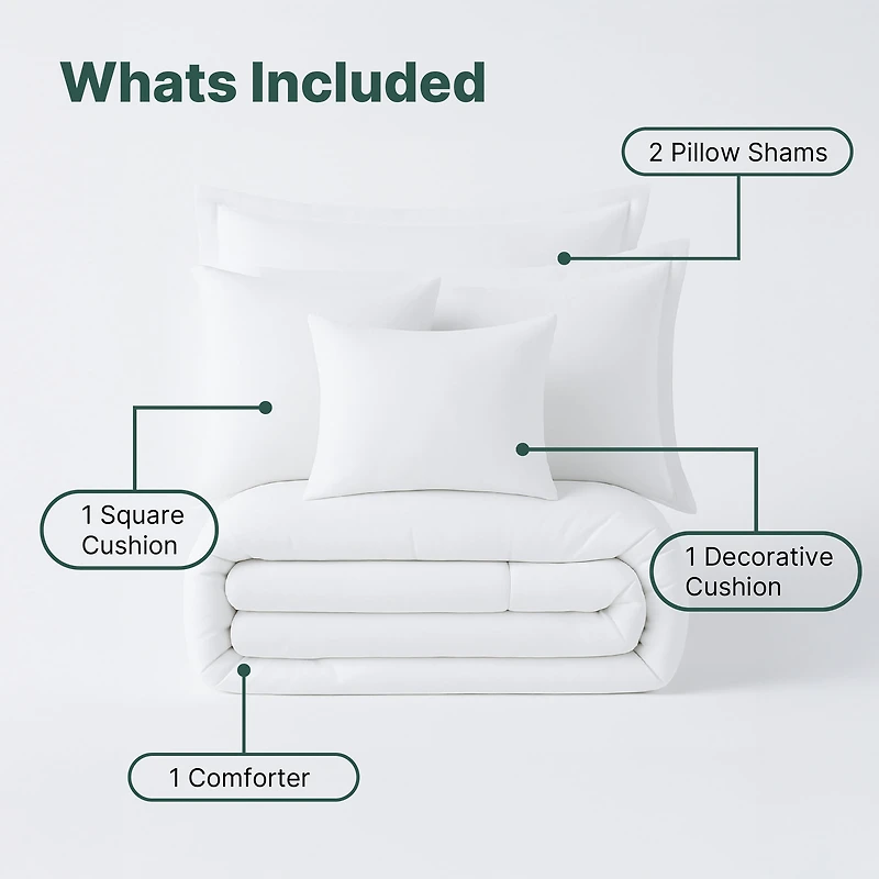 Beddora Ensemble de Lit 5 Pcs – Comprend une Couette, 2 Taies d'Oreiller, un Coussin Décoratif et un Coussin Carré – Ultra-Doux, Toutes Saisons, Grand – Blanc Éclatant