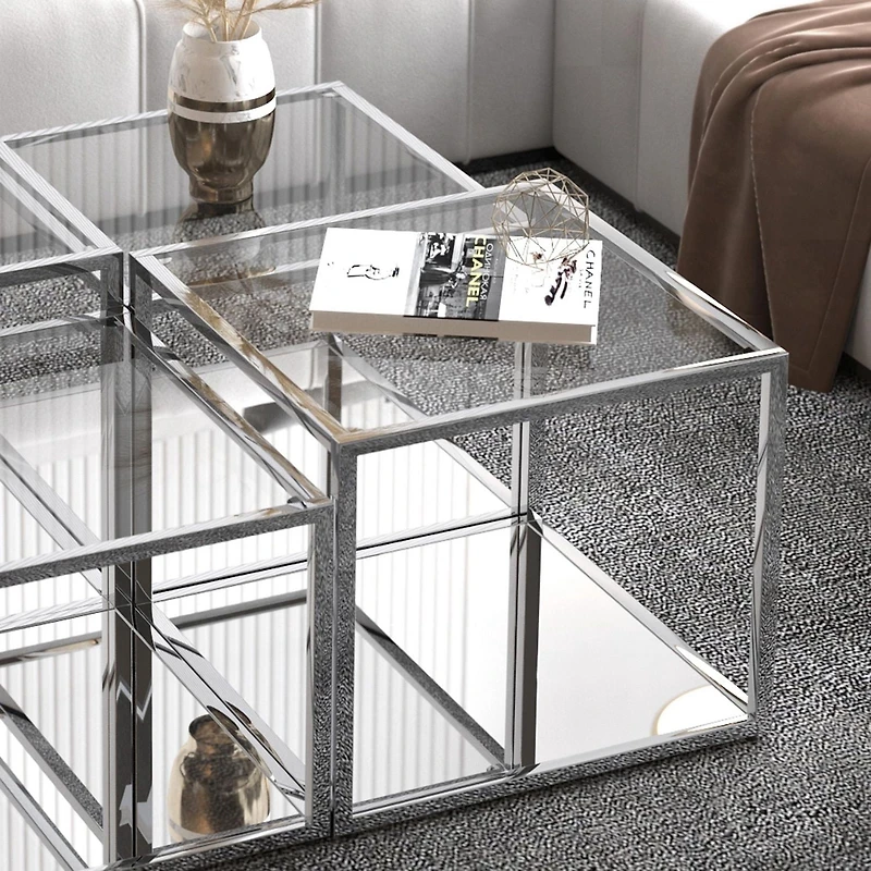 Contemporary Metal and Glass Large Square Coffee Table - Silver