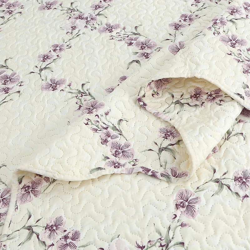 Marina Decoration Rich Printed Embossed Pinsonic Coverlet Bedspread Ultra Soft Home Bedding 3 Piece Summer Quilt Set with 2 Embossed Shams, Purple Orchid Cream Pattern King Size