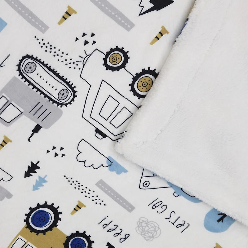 Couverture réversible en flanelle polaire douce et chaude pour enfants, motif de camion de dessin animé avec base blanche, 101 x 127 cm, motif imprimé Marina Decoration