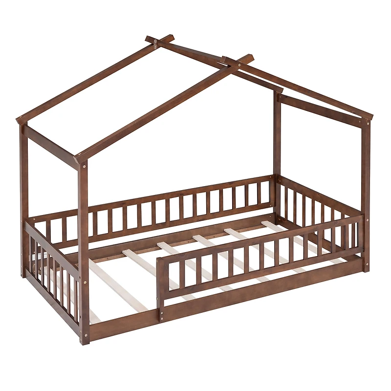 Cadre de lit cabane en bois Noble House pour lit simple avec clôture, noyer