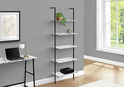 Monarch Specialties Bookshelf, Bookcase, Etagere, Ladder, 5 Tier, 72"h, Office, Bedroom, Metal, Laminate, White Marble Look, Black, Contemporary, Modern