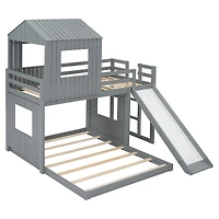 Homy Casa Lit superposé simple sur double, lit maison en bois 89 po avec glissade, garde-corps et lattes, gris