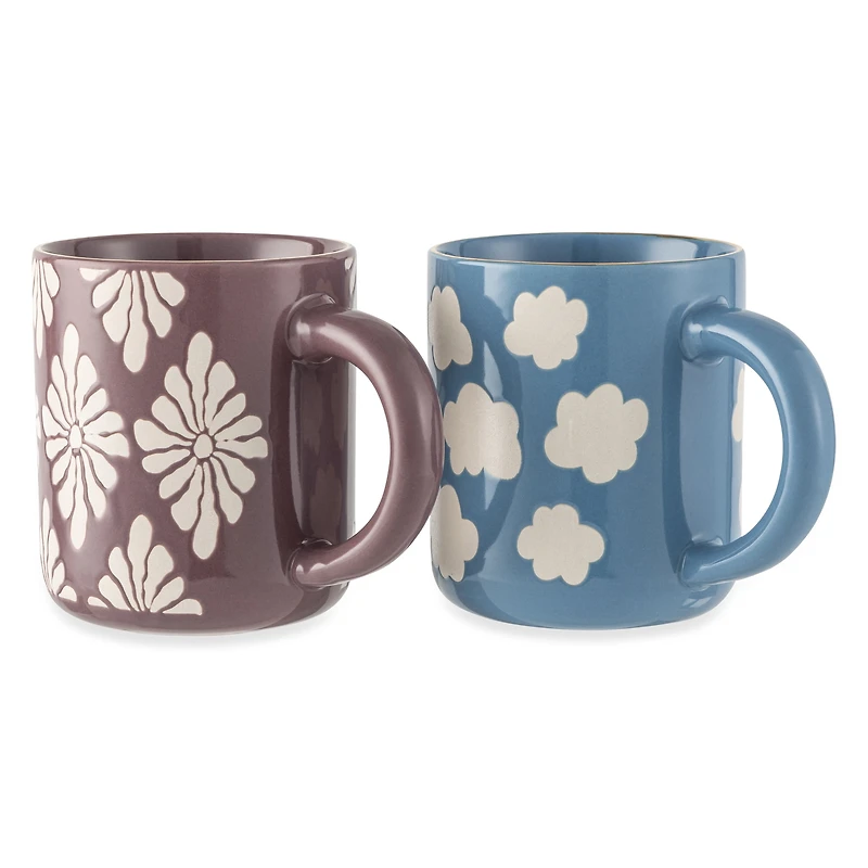 Thyme & Table 2 Pack Blue Skies with Clouds and Purple with White Flowers Mugs, with Gold Rims 19.6 fl oz, Stoneware