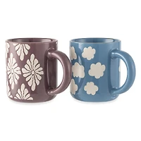 Thyme & Table 2 Pack Blue Skies with Clouds and Purple with White Flowers Mugs, with Gold Rims 19.6 fl oz, Stoneware