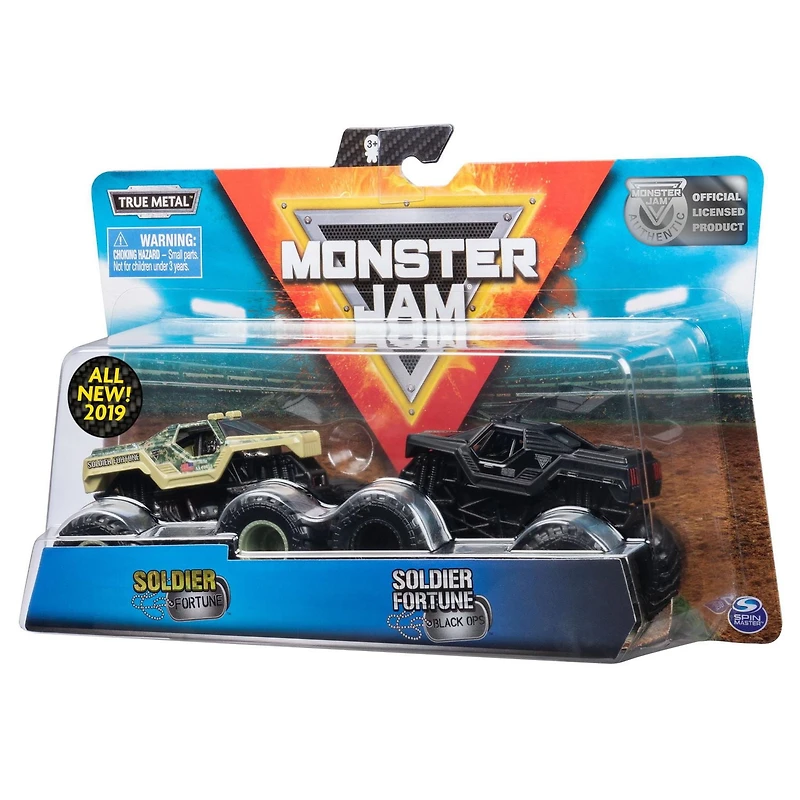 Monster Jam, Coffret de 2 véhicules authentiques Soldier Fortune vs Soldier Fortune Black Ops, Monster trucks en métal moulé à l'échelle 1:64