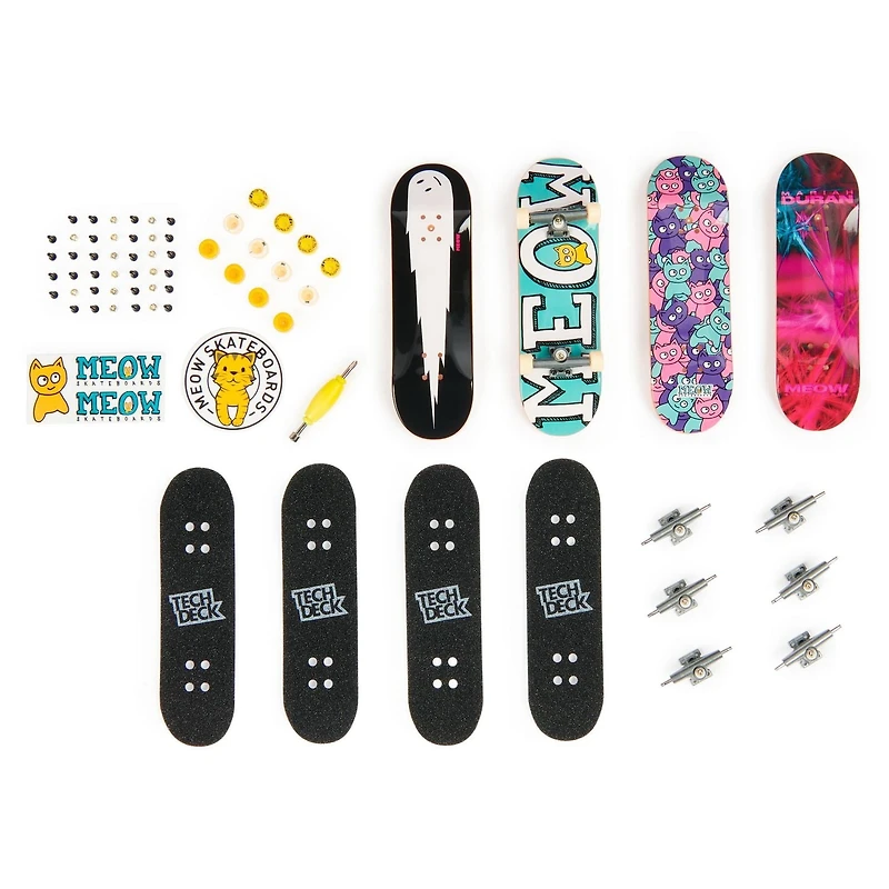 Tech Deck, Coffret de 4 fingerboards Ultra DLX, Skateboards Meow, Mini skateboards personnalisables à collectionner, jouets pour enfants à partir de 6 ans