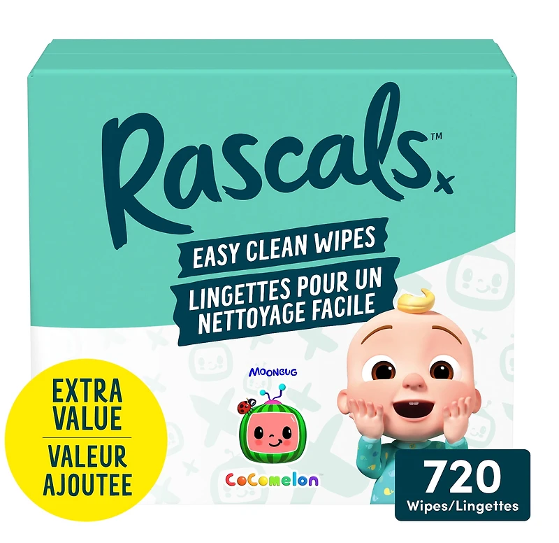 Rascals Easy Clean Baby Wipes, Carton, 720 Count