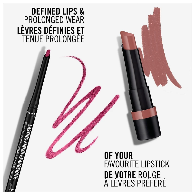 Rimmel Crayon à lèvres automatique Lasting Finish Exaggerate, crémeux, mélange de cire, silicone volatil et vitamines (E,C), 100% Sans Cruauté Crayon à lèvres longue tenue