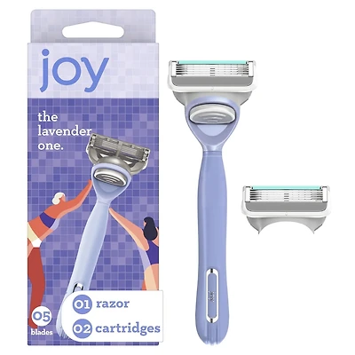joy lavender razor for women, shave kit with 1 handle + 2 razor blade refills