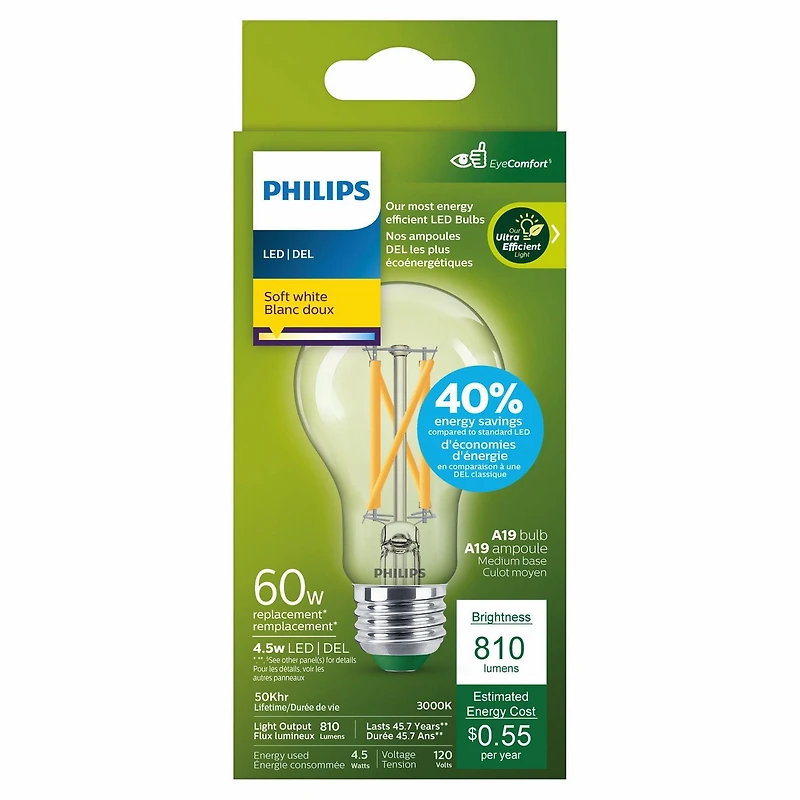 Philips Ultra Efficient LED Bulb 60W A19 1PK Soft White Clear Dimmable Medium Base, Philips UE LED 60W A19