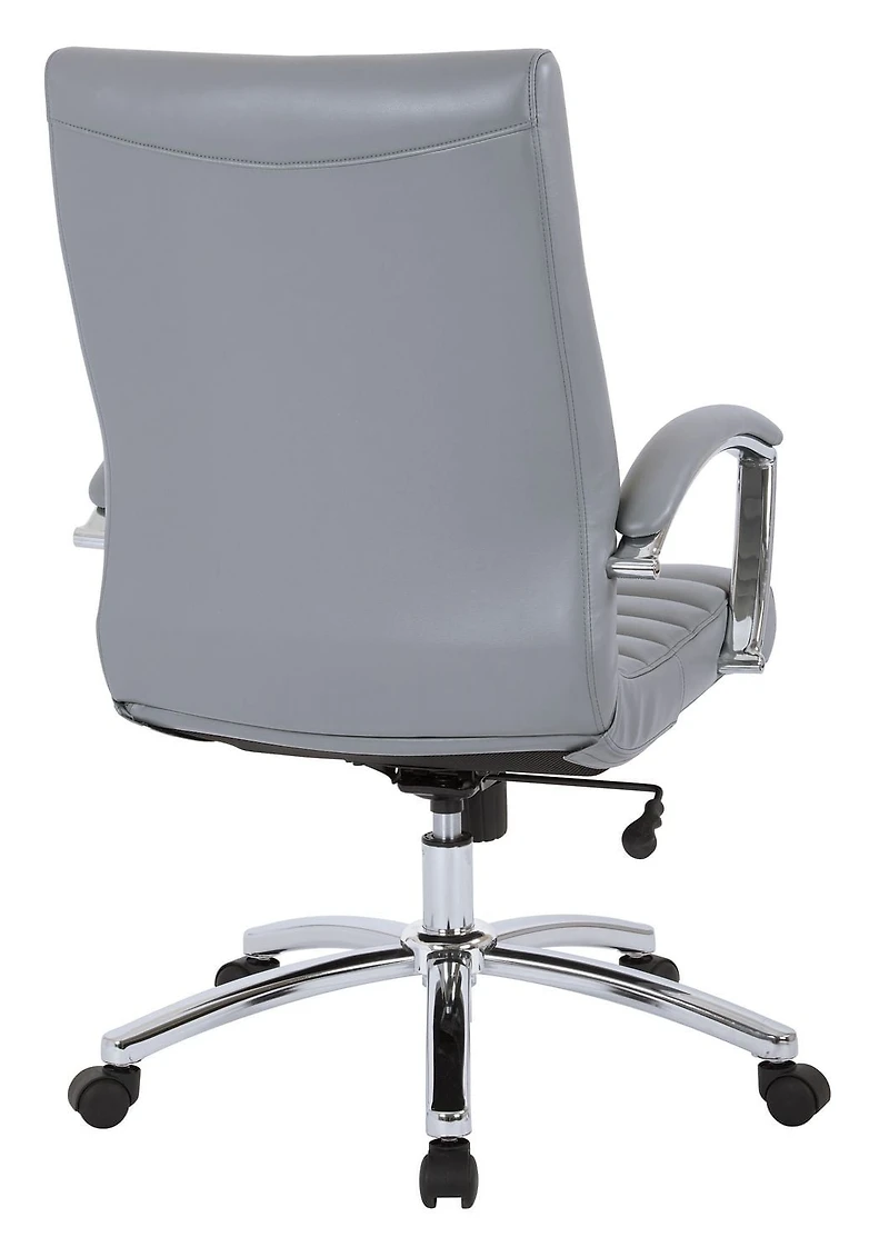 Executive Mid-Back Chair in Grey Faux Leather with Padded Arms and Chrome Finish Base