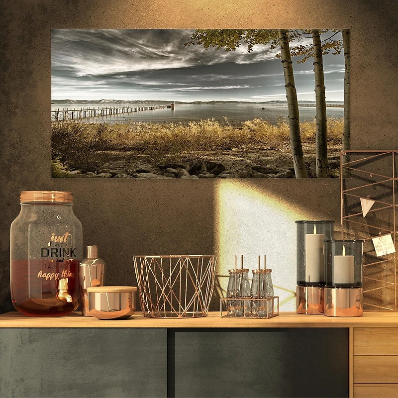 Designart Pier in Brown Lake Canvas Wall Art