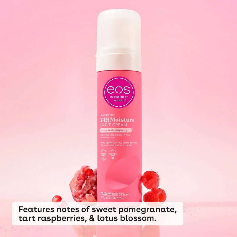 Crème de rasage eos Shea Better pour femmes à la grenade et à la framboise, 24 h d’hydratation 207 ml
